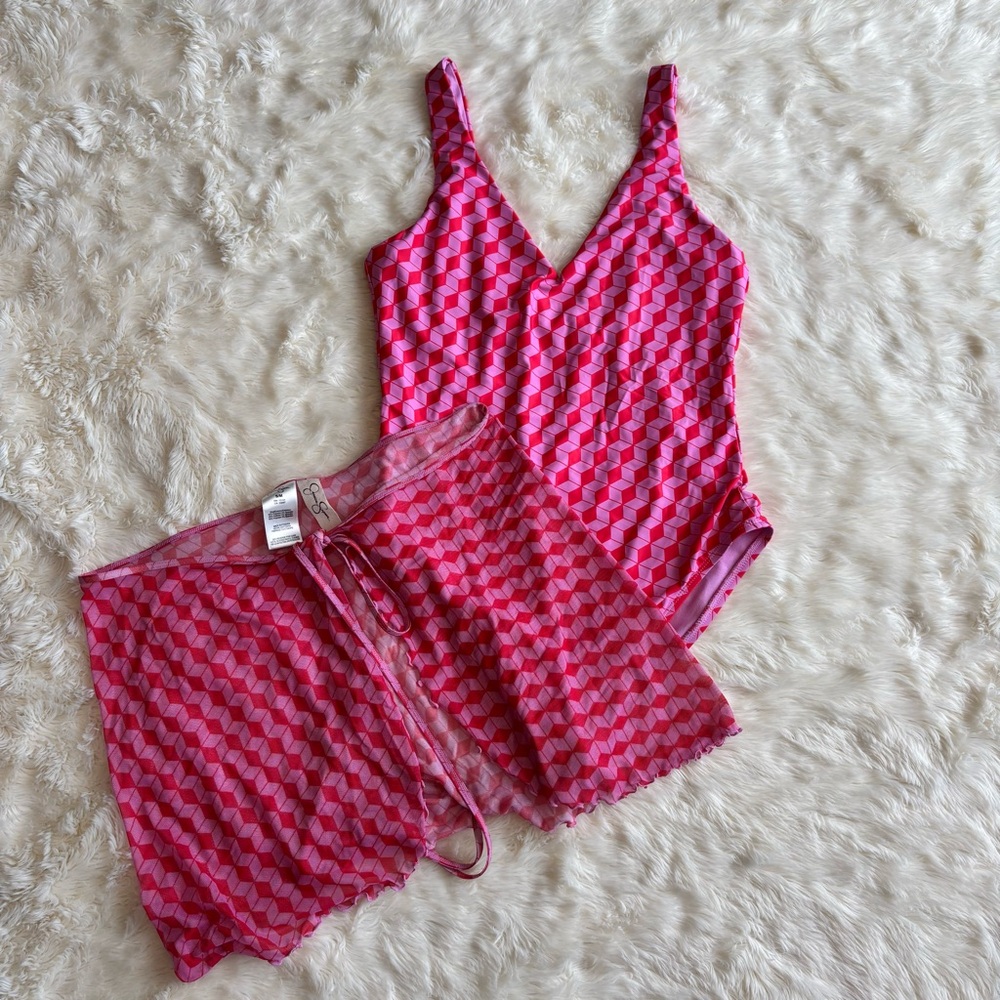 Jessica Simpson Pink Chevron One Piece Bikini & Mesh Wrap Cover Up Medium